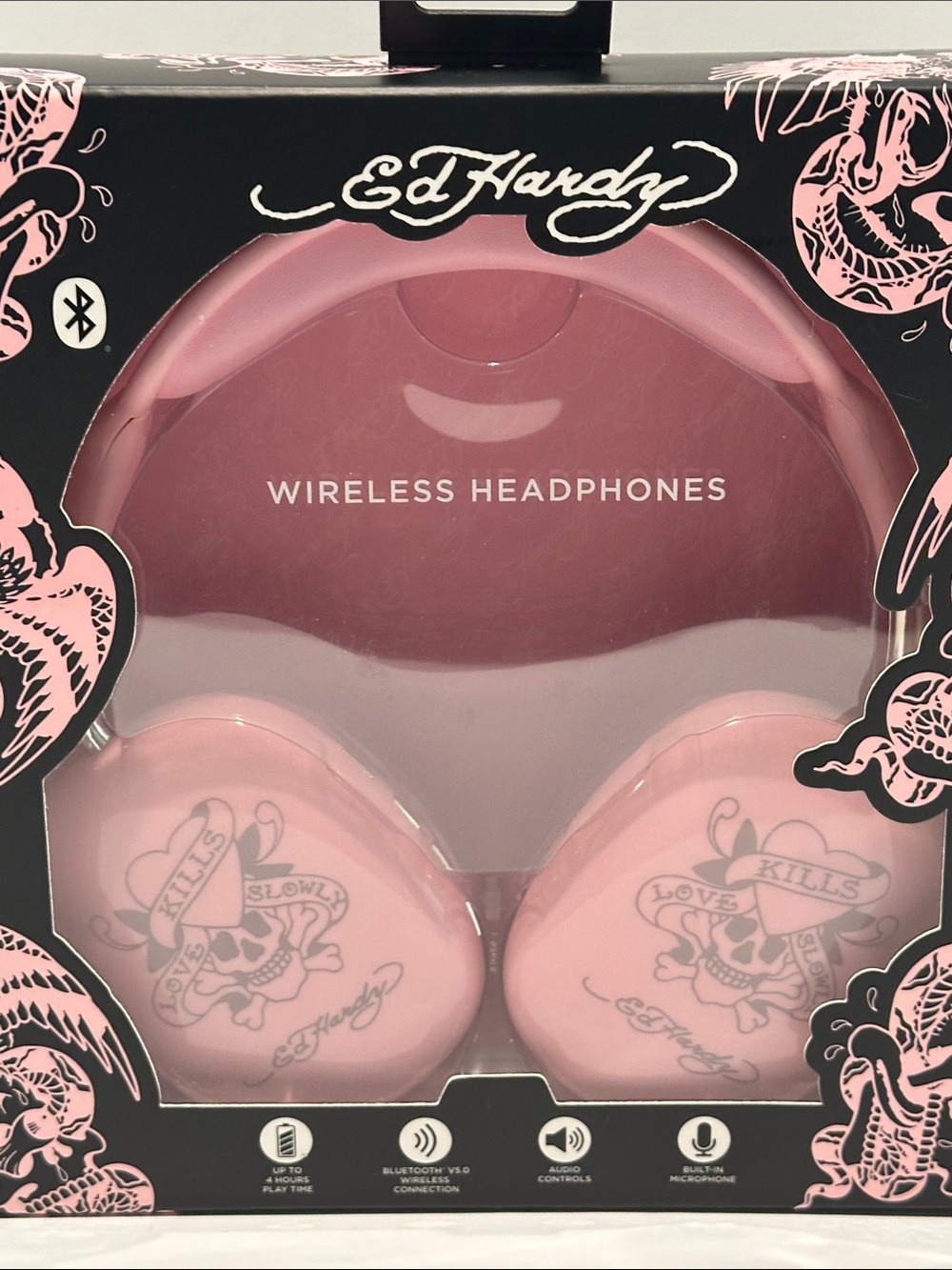 Ed Hardy Pink Wireless Headphones with Built-in Microphone.